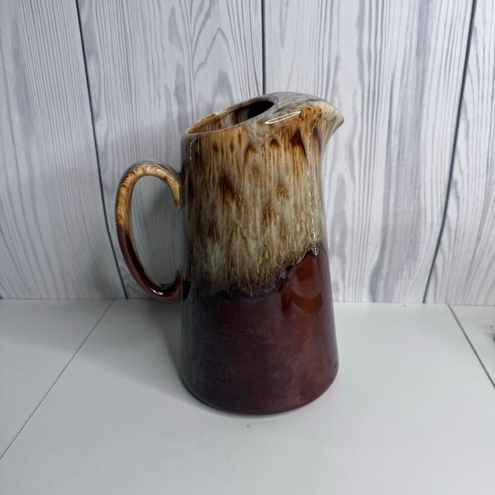 Vintage Handmade Brown Drip Glazed Pottery Pitcher with Ice Lip 1980s 1970s